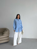 Yandan Bağlamalı Oversize Uzun Kollu Gömlek 2513 - Mavi