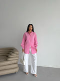 Yandan Bağlamalı Oversize Uzun Kollu Gömlek 2513 - Pudra