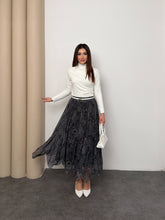 Kadın Şal Desenli Yüksek Bel Lastikli Şifon Maxi Boy Uzun Etek 5286 - Siyah