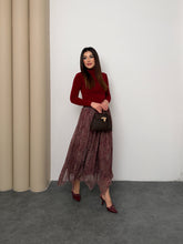 Kadın Şal Desenli Yüksek Bel Lastikli Şifon Maxi Boy Uzun Etek 5286 - Kırmızı