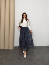 Kadın Şal Desenli Yüksek Bel Lastikli Şifon Maxi Boy Uzun Etek 5286 - Mavi