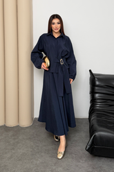 Belden Bağlamalı Gold Toka Detaylı Lastikli Modal Kumaş Etek Bluz Takım 002 - Lacivert