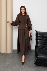 Belden Bağlamalı Gold Toka Detaylı Lastikli Modal Kumaş Etek Bluz Takım 002 - Kahverengi