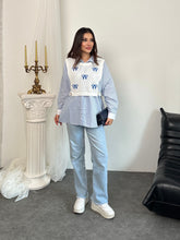 Çizgili Gömlek ve Fiyonk İşlemeli Süveter İkili Takım - Mavi