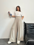 Yüksek Bel Pile Detaylı Geniş Paça Oysho Pantolon 8909 - Bej