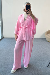 Kimono Kesim Kuşaklı ve Taş Detaylı Takım 5212 - Pembe
