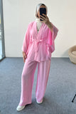 Kimono Kesim Kuşaklı ve Taş Detaylı Takım 5212 - Pembe