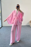 Kimono Kesim Kuşaklı ve Taş Detaylı Takım 5212 - Pembe