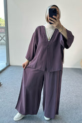 Düğmeli V Yaka Hırkalı Geniş Paça Pantolonlu İkili Takım 8852 - Mor