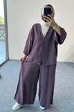 Düğmeli V Yaka Hırkalı Geniş Paça Pantolonlu İkili Takım 8852 - Mor