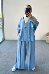 Düğmeli V Yaka Hırkalı Geniş Paça Pantolonlu İkili Takım 8852 - Mavi