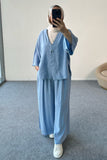 Düğmeli V Yaka Hırkalı Geniş Paça Pantolonlu İkili Takım 8852 - Mavi
