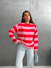 Kadın Baskılı Çizgili Bisiklet Yaka Oversize Sweatshirt 27222 - Pembe