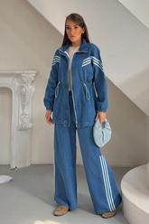 Kadın Çizgili Şeritli Beli Büzgülü Denim Ceket Pantolon İkili Takım 9154 - Mavi