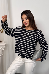 Kadın Bisiklet Yaka Çizgili Oversize Triko Kazak 8955 - Lacivert