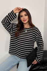 Kadın Bisiklet Yaka Çizgili Oversize Triko Kazak 8955 - Siyah