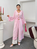 Kadın V Yaka Belden Bağlamalı Gold Detaylı Geniş Kol Jakarlı Desenli Uzun Kimono 9088 - Pembe