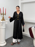 Kadın V Yaka Belden Bağlamalı Gold Detaylı Geniş Kol Jakarlı Desenli Uzun Kimono 9088 - Siyah