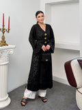 Kadın V Yaka Belden Bağlamalı Gold Detaylı Geniş Kol Jakarlı Desenli Uzun Kimono 9088 - Siyah