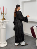 Kadın V Yaka Belden Bağlamalı Gold Detaylı Geniş Kol Jakarlı Desenli Uzun Kimono 9088 - Siyah