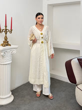Kadın V Yaka Belden Bağlamalı Gold Detaylı Geniş Kol Jakarlı Desenli Uzun Kimono 9088 - Ekru