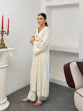 Kadın V Yaka Belden Bağlamalı Gold Detaylı Geniş Kol Jakarlı Desenli Uzun Kimono 9088 - Ekru