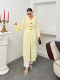 Kadın V Yaka Belden Bağlamalı Gold Detaylı Geniş Kol Jakarlı Desenli Uzun Kimono 9088 - Sarı