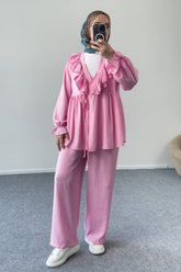 Fırfır Yaka Bağlamalı Tunik ve Geniş Paça Pantolonlu Takım 8845 - Pembe