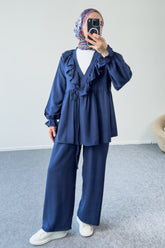 Fırfır Yaka Bağlamalı Tunik ve Geniş Paça Pantolonlu Takım 8845 - Lacivert