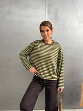 Çizgili Oversize Bisiklet Yaka Sweatshirt Yeşil-27210