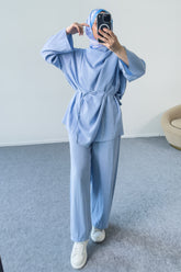 Salaş Kendinden Şal Detaylı Kemerli Pantolonlu İkili Takım 8027 - Mavi