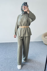 Yakası Düğmeli Kemerli Pantolonlu İkili Takım 5207 - Haki