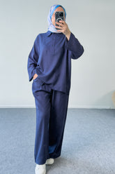 Yakası Düğmeli Kemerli Pantolonlu İkili Takım 5207 - Lacivert