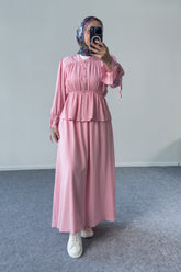 Büzgülü Ve Kat Kat Gömlek ve Etekli Takım 8025 - Pembe