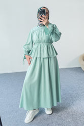 Büzgülü Ve Kat Kat Gömlek ve Etekli Takım 8025 - Su Yeşili