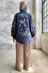 Kuş Nakış Detaylı Oversize Keten Kimono 8822 - Lacivert