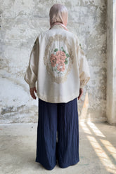 Çiçek Nakış Detaylı Oversize Keten Kimono 8823 - Bej