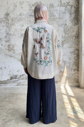 Kuş Nakış Detaylı Oversize Keten Kimono 8822 - Bej