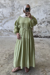 Beli Bağlamalı Kat Kat Uzun Elbise 8850 - Yeşil