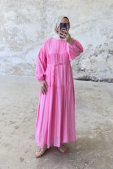 Beli Bağlamalı Kat Kat Uzun Elbise 8850 - Pembe