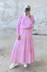 Rahat Kesim Beli Lastikli Kat Kat Uzun Etek 5213 - Pembe