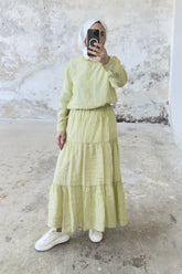 Rahat Kesim Beli Lastikli Kat Kat Uzun Etek 5213 - Yeşil