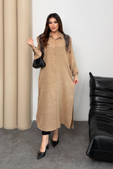 Eşarp Detaylı Balon Kollu Cepli Uzun Gömlek Elbise 8997 - Bej