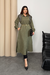 Eşarp Detaylı Balon Kollu Cepli Uzun Gömlek Elbise 8997 - Yeşil