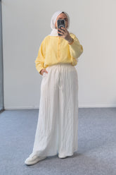 Astarlı Kraşlı Beli Lastikli Modal Geniş Paça Palazzo Pantolon 8846 - Beyaz