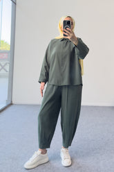 Modal Kumaş Oversize Gömlekli Şalvar Pantolonlu İkili Takım 5210 - Haki