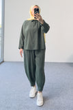 Modal Kumaş Oversize Gömlekli Şalvar Pantolonlu İkili Takım 5210 - Haki