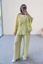 Kimono Kesim Kuşaklı ve Taş Detaylı Takım 5212 - Yeşil