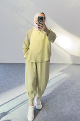 Modal Kumaş Oversize Gömlekli Şalvar Pantolonlu İkili Takım 5210 - Yağ Yeşili