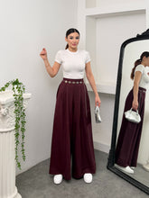 Pileli Arka Beli Lastikli Geniş Paça Filamlı Keten Palazzo Pantolon 8980 - Mürdüm